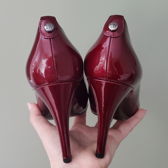 Stuart Weitzman Red Patent Leather Platform Peep Toe Pumps Heels 6 - Picture 3 of 7